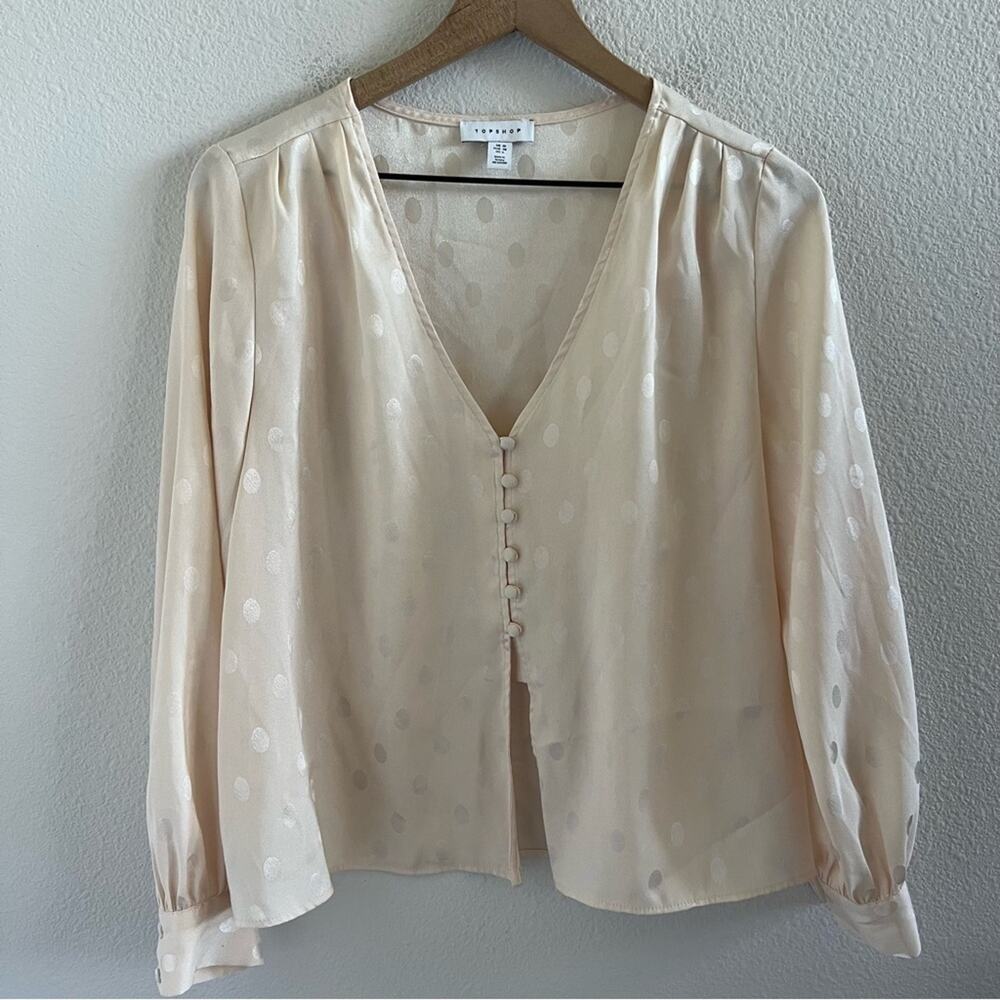 Topshop Polka Dot Satin Button Blouse Cream Neutral Classic Preppy Feminine US 6